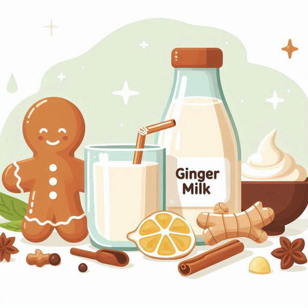 Ginger milk with gingerbread man and ingredients. Vector illustration.のイラスト素材