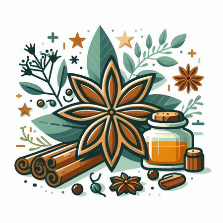 Cinnamon, star anise, essential oil, leaves. Vector illustration.のイラスト素材