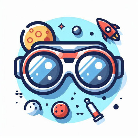 Astronaut flat vector illustration. Astronaut helmet, glasses, rocket, planets and stars.のイラスト素材