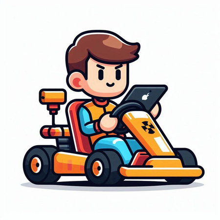 Boy driving a lawnmower. Vector illustration in cartoon style.のイラスト素材