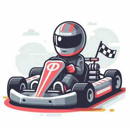 Vector illustration of karting man with helmet on race track.のイラスト素材