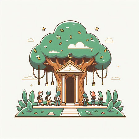 Vector illustration of a park with trees and people. Vector illustration.のイラスト素材