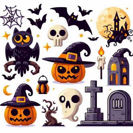 Halloween icons set with pumpkin, skull, witch hat, cemetery, bats and other elements.のイラスト素材
