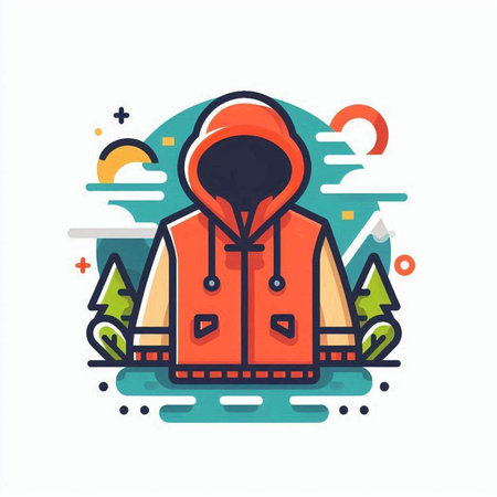 Winter jacket with hood in the forest. Vector illustration in flat styleのイラスト素材