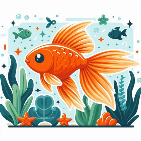 Illustration of a goldfish swimming in the sea. Vector illustration.のイラスト素材