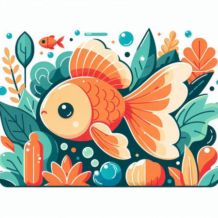 Vector illustration of a cute goldfish with leaves and flowers in cartoon style.のイラスト素材