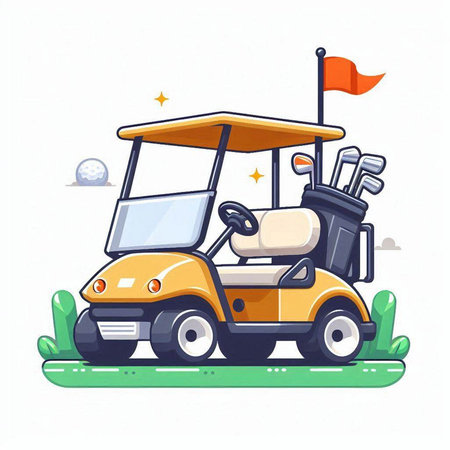 Golf cart on the golf course. Vector illustration in cartoon style.のイラスト素材