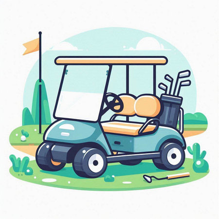 Golf cart on the golf course. Vector illustration in cartoon style.のイラスト素材