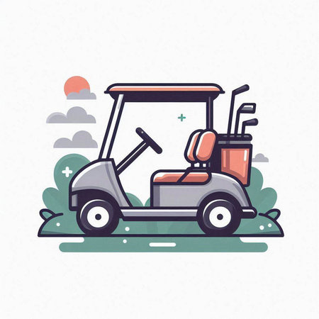 Golf cart. Vector illustration of a golf cart on a golf course.のイラスト素材