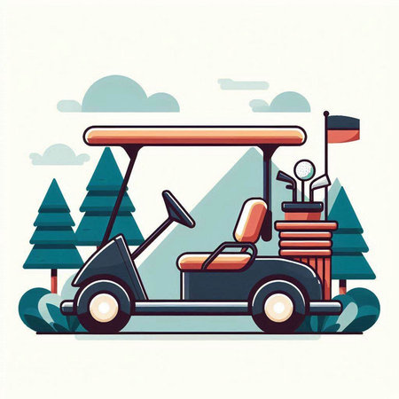 Golf cart on golf course. Vector illustration in flat style.のイラスト素材