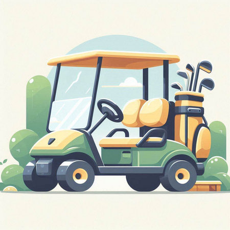 Golf cart on the golf course. Vector illustration in cartoon style.のイラスト素材