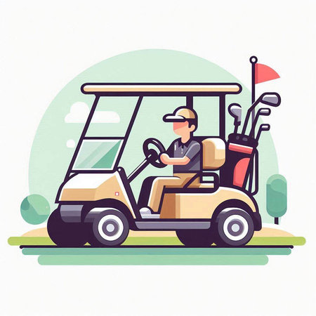 Golf player driving a golf cart. Flat style vector illustration.のイラスト素材
