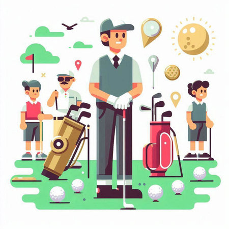 Golf club flat vector illustration. Cartoon man player with golf equipment.のイラスト素材