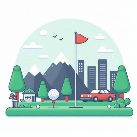 Vector illustration of modern city landscape in flat style. Landscape with mountains, houses, trees, golf club, car and golf ball.のイラスト素材