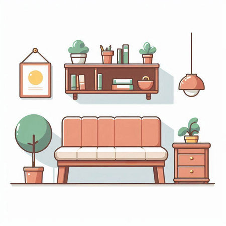 Living room interior design with sofa, bookshelf and plants. Vector illustration.のイラスト素材