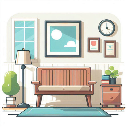 Interior of living room with sofa, lamp, bookshelf and window. Vector illustrationのイラスト素材