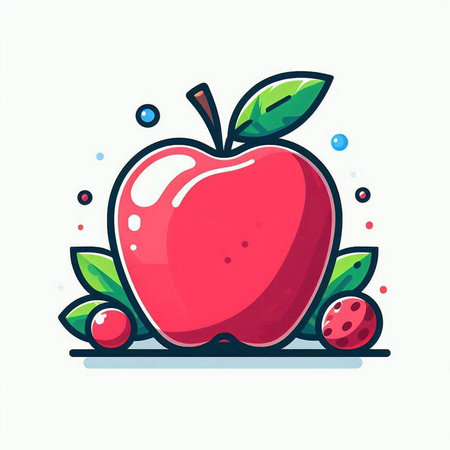 Red apple with berries and leaves on a white background. Vector illustration.のイラスト素材