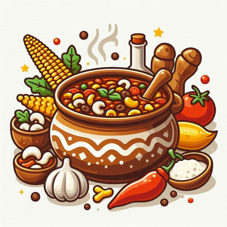 Chickpea soup in bowl with spices and vegetables. Vector illustration.のイラスト素材