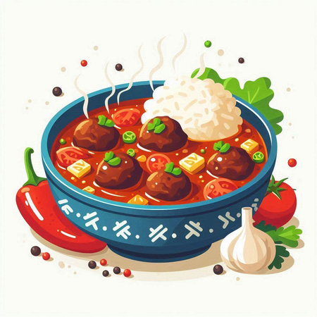 Meatballs in tomato sauce with rice and vegetables. Vector illustration.のイラスト素材