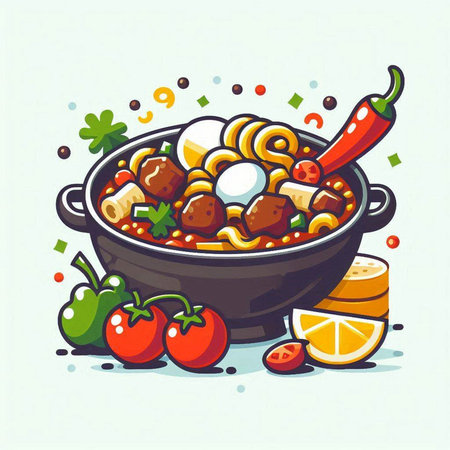 Soup with meatballs and vegetables in a pot. Vector illustration.のイラスト素材