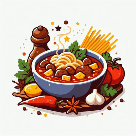 Illustration of a bowl of meatballs with noodles, spices and vegetablesのイラスト素材