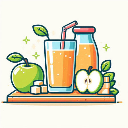 Apple juice in a glass with a straw and apple slices. Vector illustration.のイラスト素材