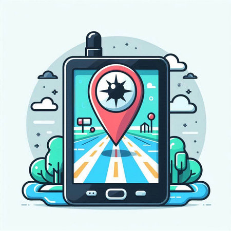 Smartphone with GPS navigation app on screen. Vector illustration in flat styleのイラスト素材