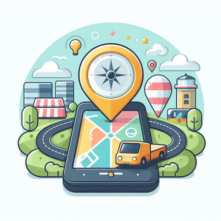 Smartphone with gps navigation app on the screen. Vector illustrationのイラスト素材