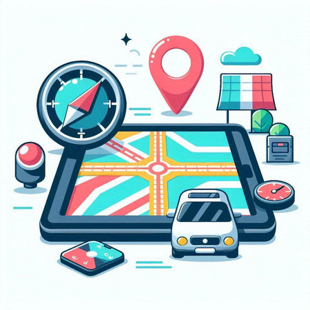 Navigation concept. Vector illustration in flat style. GPS navigator, car, map, compass, city map, navigation equipment.のイラスト素材