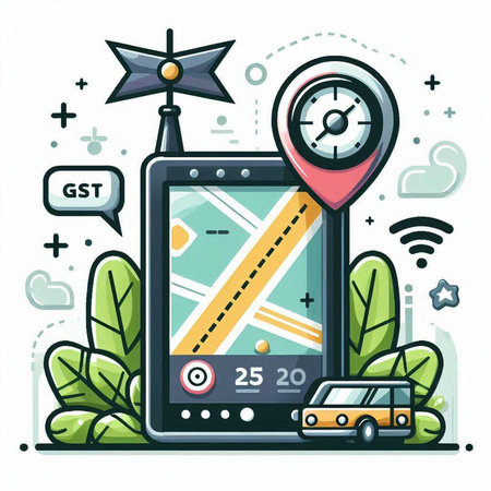 GPS navigation system. Vector illustration in flat linear style. Smartphone with GPS navigator, car and city map.のイラスト素材