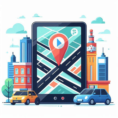 Smartphone with city map and GPS navigation app. Vector illustration in flat styleのイラスト素材