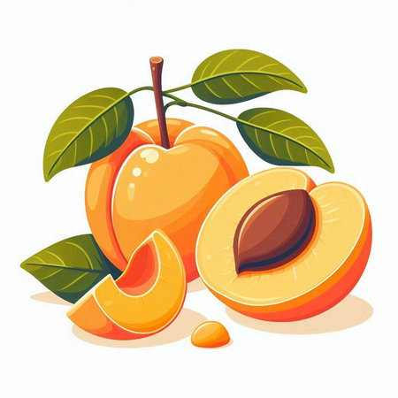 peach fruits with leaves isolated on white background. vector illustration.のイラスト素材