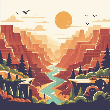Landscape with mountains, river and forest. Vector illustration in retro styleのイラスト素材