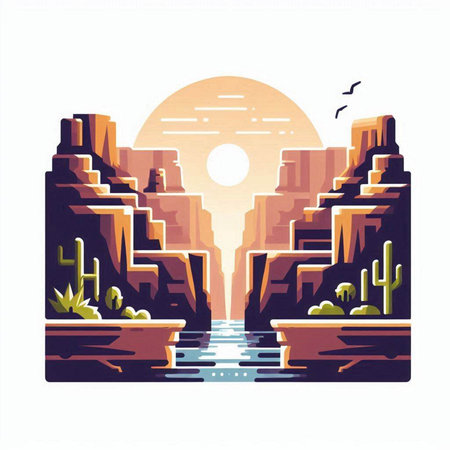 Sunset over the Arizona desert with cactuses. Vector illustration.のイラスト素材