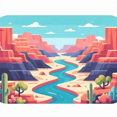 Desert landscape with river and mountains. Vector illustration in flat styleのイラスト素材