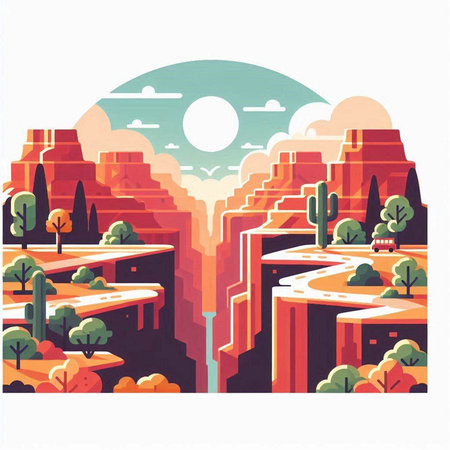 Landscape with red rocks and trees. Vector illustration in flat styleのイラスト素材