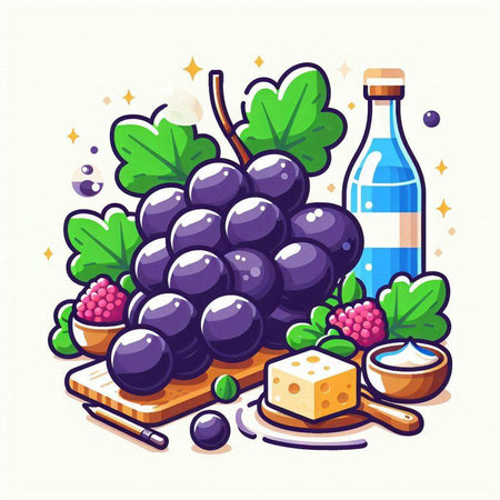 Grapes, wine and cheese. Vector illustration in cartoon styleのイラスト素材