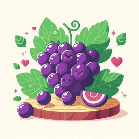 Grapes with leaves on a wooden board. Vector illustration.のイラスト素材