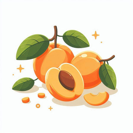 Fresh apricots with leaves on a white background. Vector illustrationのイラスト素材