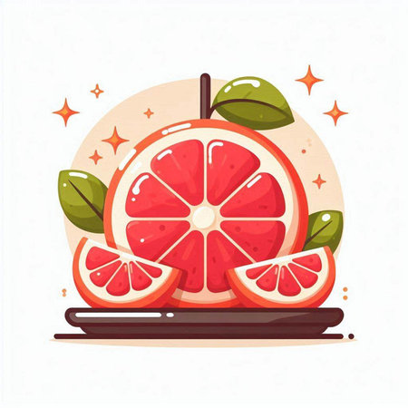 Grapefruit with leaves and slices on a plate. Vector illustration.のイラスト素材