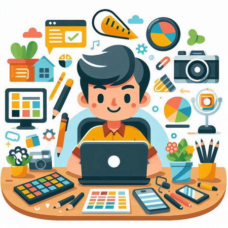 Vector illustration of a young man working at his desk with a laptopのイラスト素材