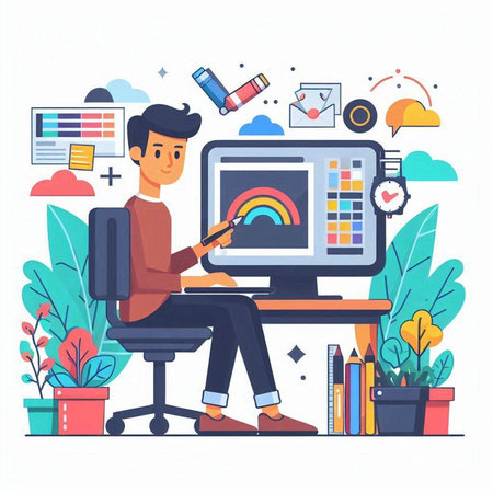 Man working on computer at home. Freelance, remote work concept. Vector illustration in flat styleのイラスト素材