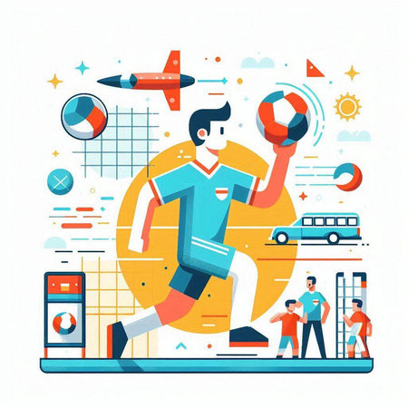 Soccer player on the background of the stadium. Flat vector illustration.のイラスト素材