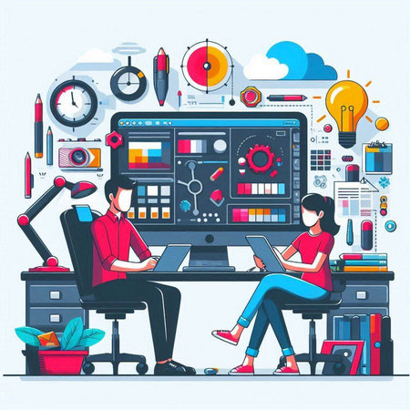 Vector illustration in flat style. Man and woman sitting at the table in front of computer monitor.のイラスト素材