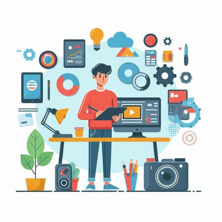 Designer working on computer. Flat design modern vector illustration concept.のイラスト素材