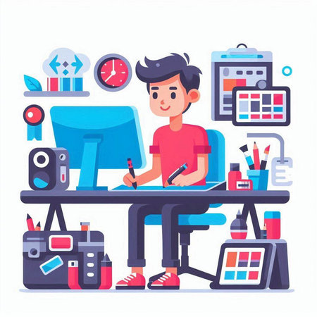 Handsome young man in casual clothes sitting at the desk with a lot of things. Vector illustrationのイラスト素材