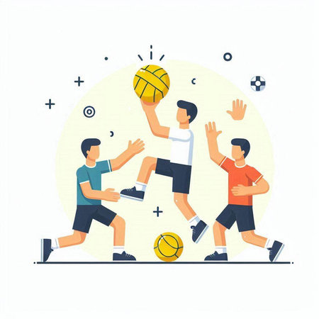 Group of boys playing basketball. Flat vector illustration isolated on white background.のイラスト素材