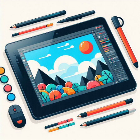 Vector illustration of tablet with stylus pen, pencils and other stationery.のイラスト素材