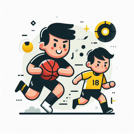 Basketball player and kid. Vector illustration in flat cartoon style.のイラスト素材