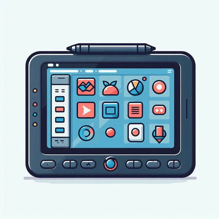 Illustration of tablet computer with various media icons. Vector illustration.のイラスト素材